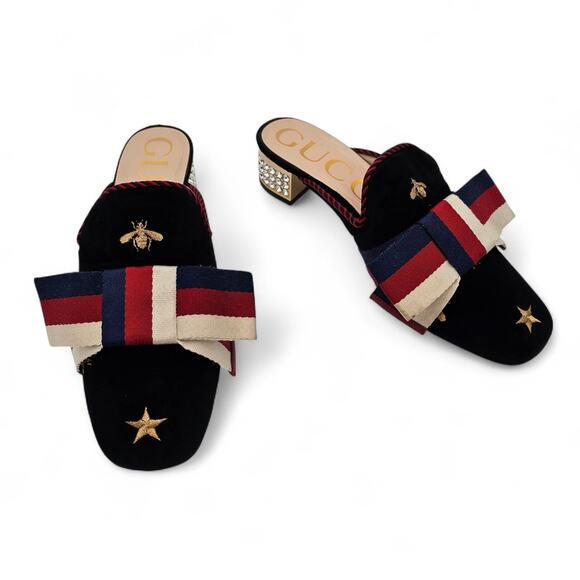 Gucci Sylvie Mule Slipper Black Velvet Star Web Stripe Bow Size 36.5 US 6.5 - Picture 1 of 11